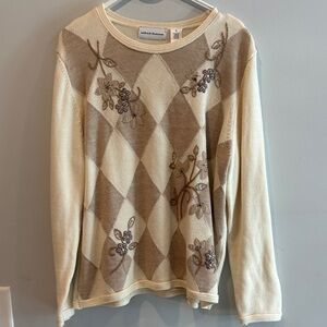 Alfred Dunner Beige and Tan Floral Argyle Sweater